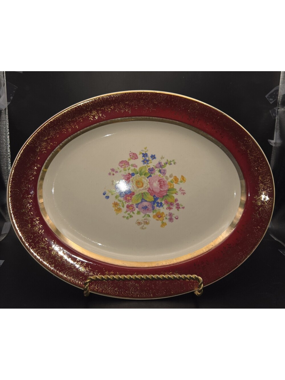 Vintage Platter 1940's Aristocratic By Salam China For USA Maroon 24k Gold...